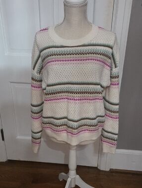 LOFT Cream Striped Crewneck Sweater with Pink, Brown, & Green Accents